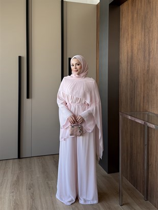 Yarasa Kol Pelerinli Şifon Takım Pembe