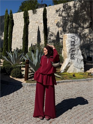 Yarım Fermuarlı Dik Yaka İkili Takım Bordo