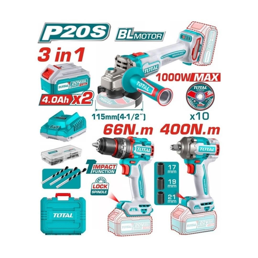TOTAL 3'LÜ SET DARBELİ MATKAP-AVUÇ TAŞLAMA-SOMUN SÖKME TOSLI241291E 