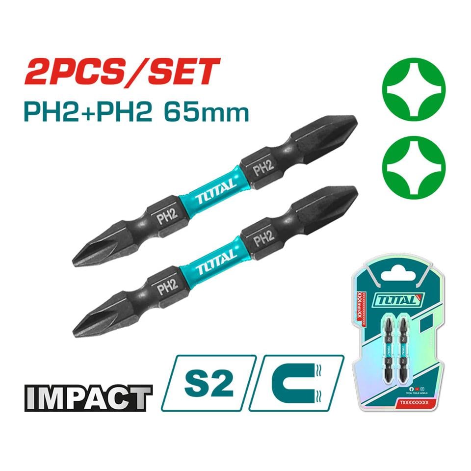 TOTAL Darbeli 65mm 2'li Çift Taraflı PH2 Bits Uç - TACIM72PH265