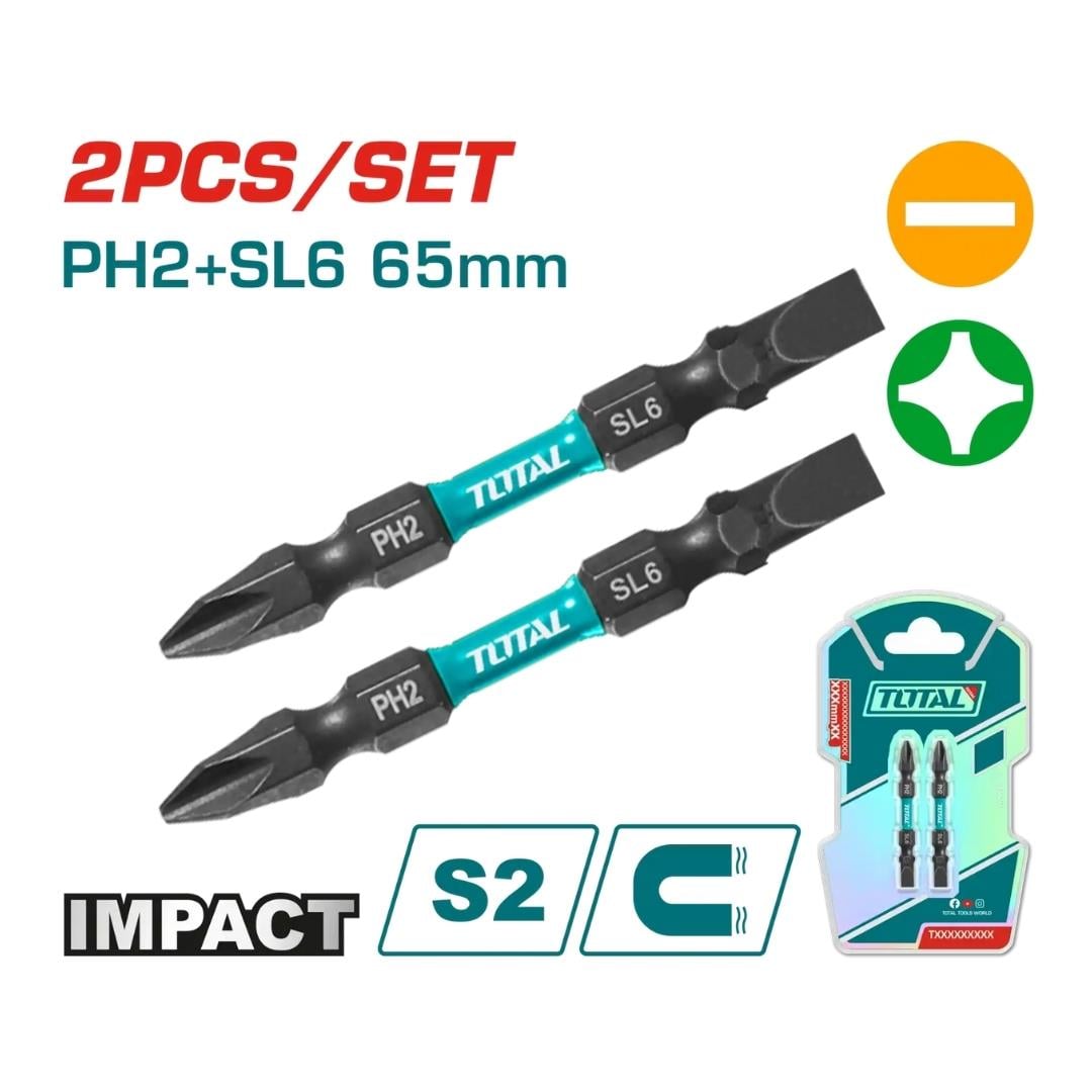TOTAL DARBELİ PH2+SL6 65MM 2'Lİ ÇİFT TARAFLI BİTS UÇ TACIM72HL665