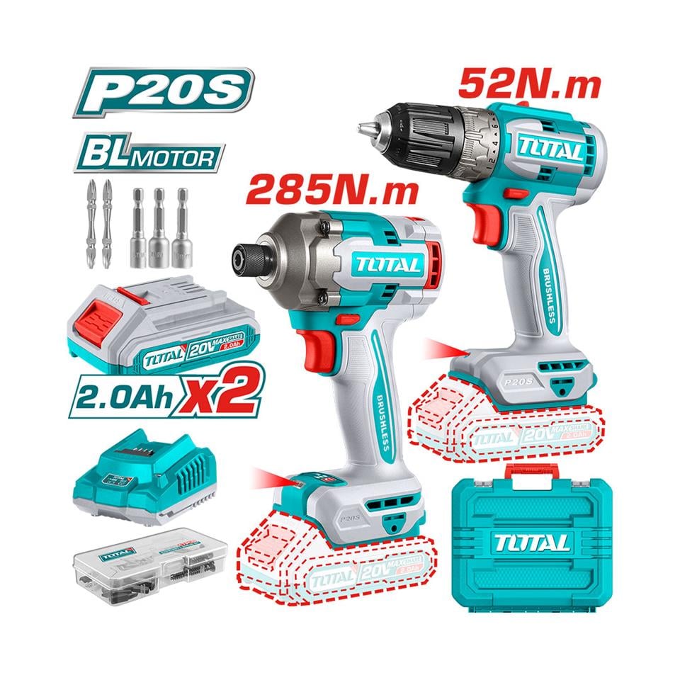 TOTAL Li-Ion Akülü Set - TDLI204531 Darbesiz Matkap - TIRLI2028E Darbeli Vidalama - TCKLI20272E