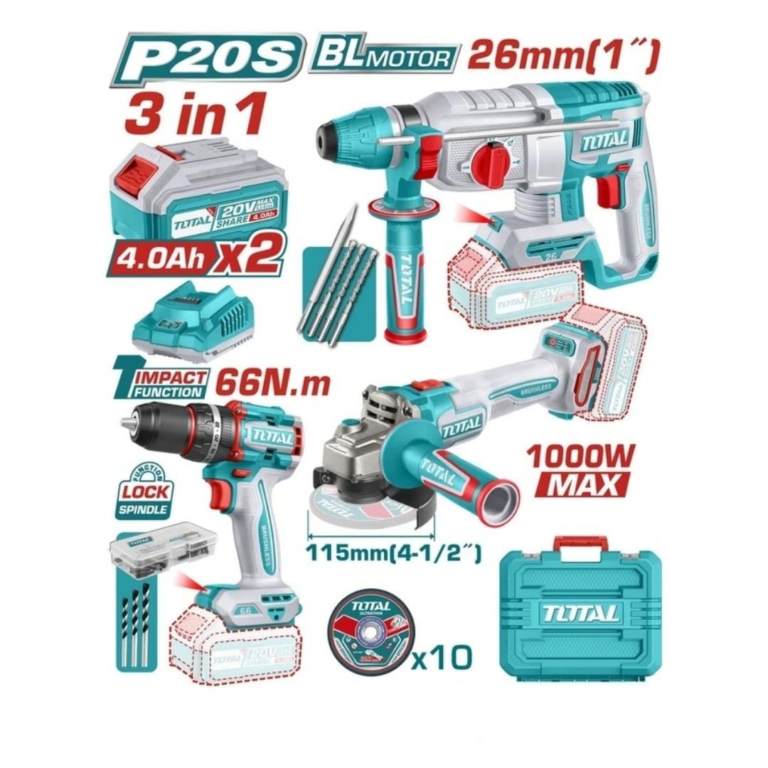 TOTAL 3'LÜ SET KIRICI DELİCİ-DARBELİ MATKAP-AKÜLÜ TAŞLAMA TOSLI241198E