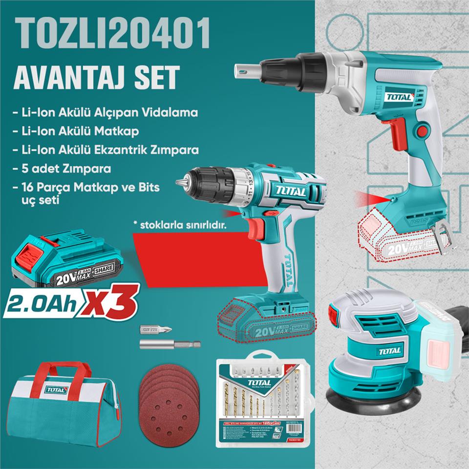 TOTAL Avantaj Set - Alçıpan Vidalama, Matkap, Zımpara - TOZLI20401