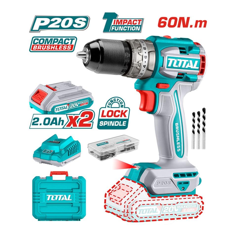 TOTAL Li-Ion Akülü Kömürsüz Darbeli Matkap - TIDLI20602E