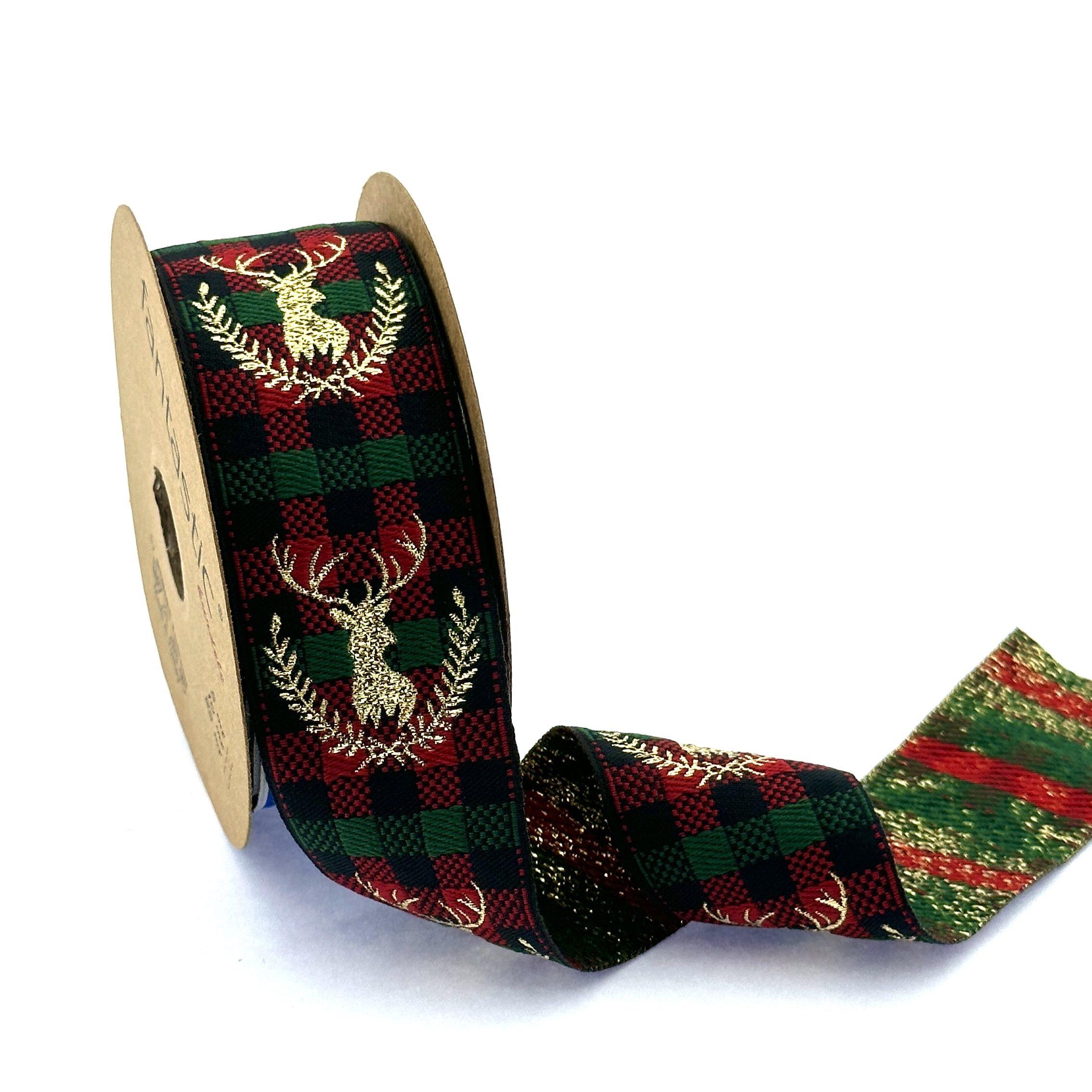 New Year's Christmas Holiday Celebrity Fabric Woven Decoration Gingham Silver Deer Ribbon 10.9yard