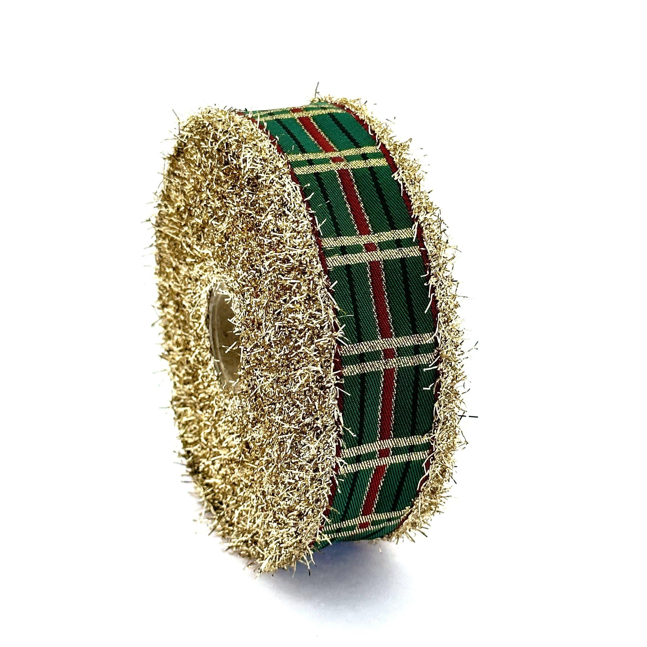 New Year's Christmas Holiday Celebrity Fabric Woven Decoration Fringed Gingham Gold Ribbon 10.9yard
