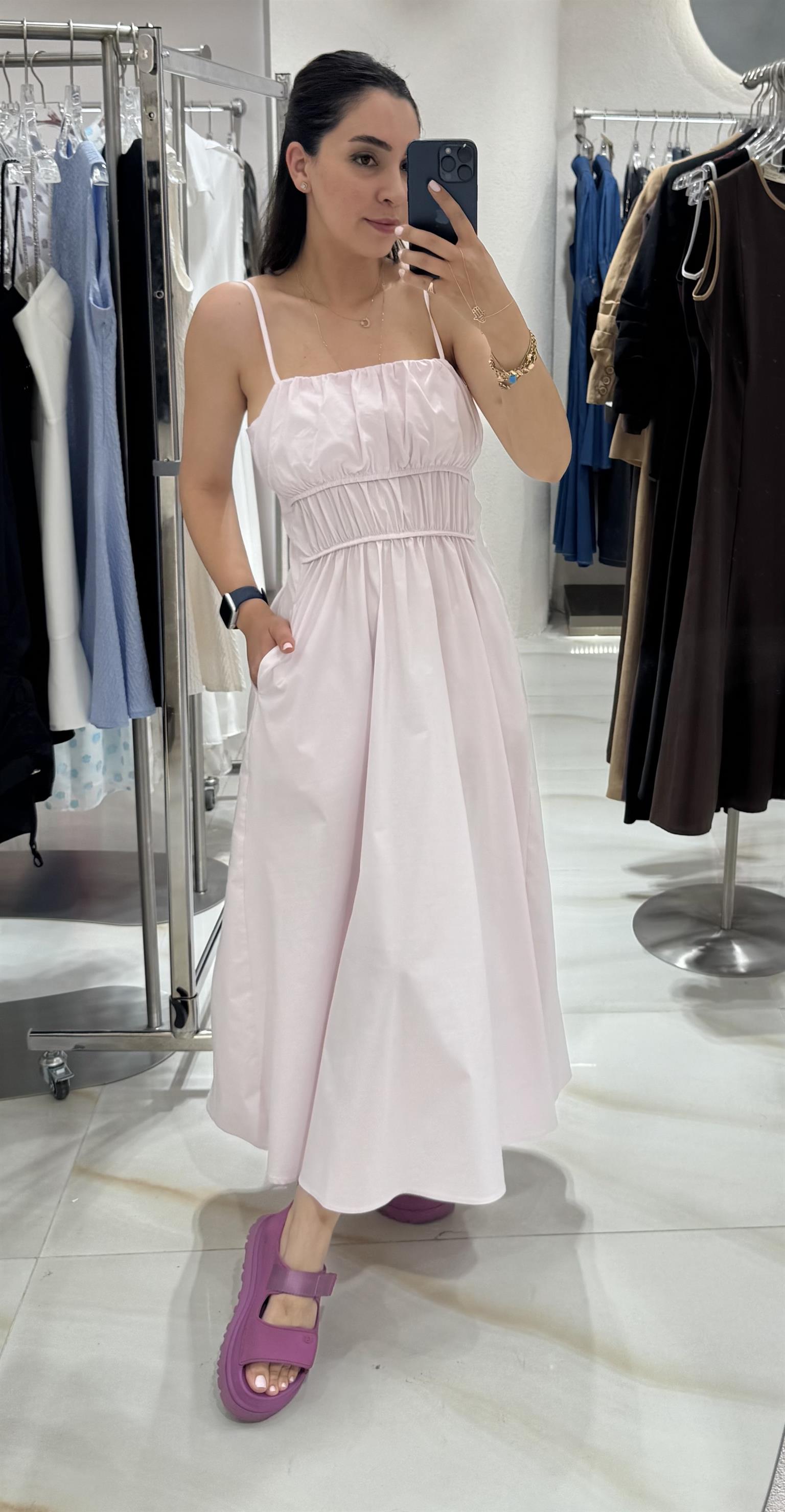 LASTİK DETAYLI ASKILI PEMBE POPLİN ELBİSE