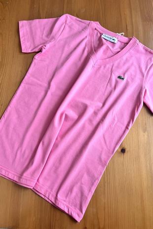 LC V Yaka Kısa Kollu Pembe Tişört