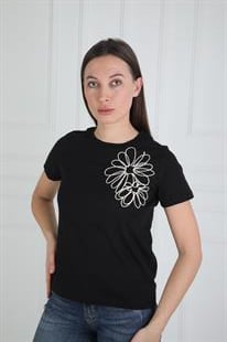 Rsrvd Çiçek Nakışlı Siyah Tişört