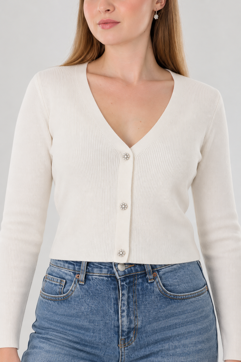 Rsrvd Ekru Çiçekli Taş Düğmeli Hırka