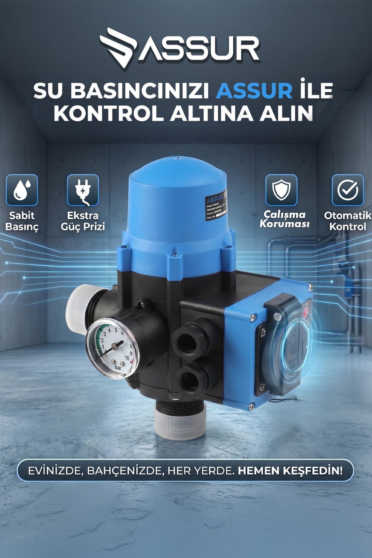 1.1 kW 10 Bar 220V Su Pompası Otomatik Basınç Kontrol Cihazı