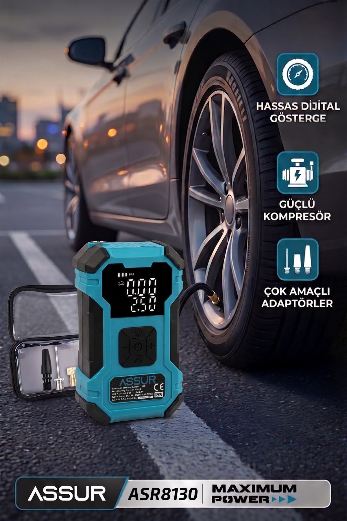 12.000 mAh Taşıma Çantalı Oto Kompresör| Hava Kompresörü | Powerbank | Led Işık |