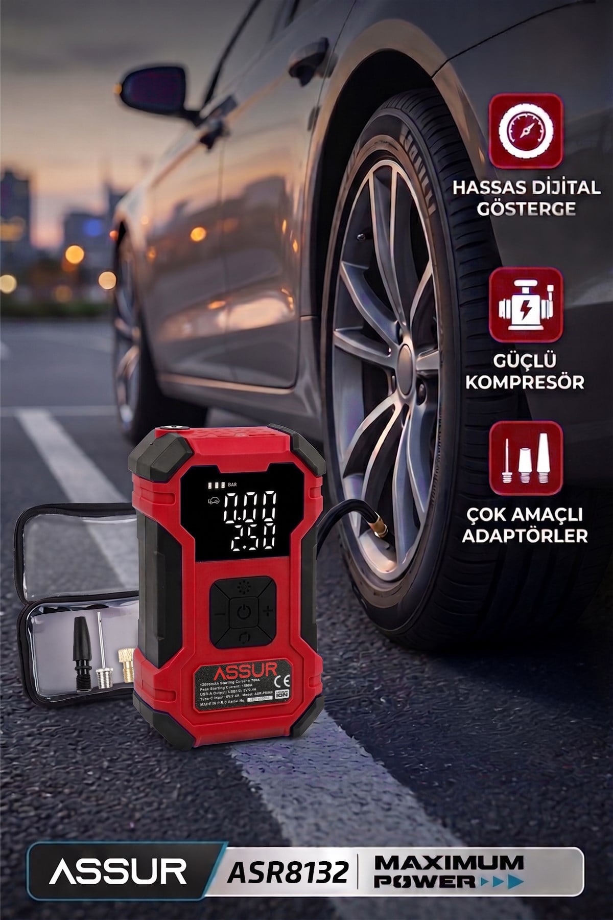 12.000 mAh Taşıma Çantalı Oto Kompresör| Hava Kompresörü | Powerbank | Led Işık |
