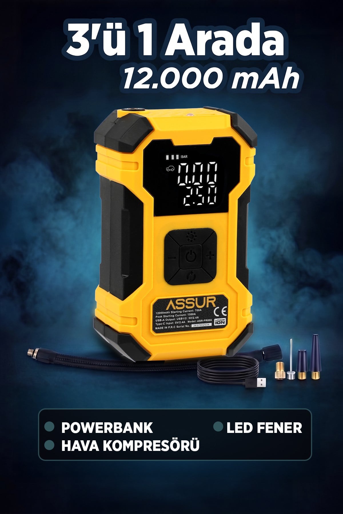 12.000 mAh Taşıma Çantalı Oto Kompresör| Hava Kompresörü | Powerbank | Led Işık |