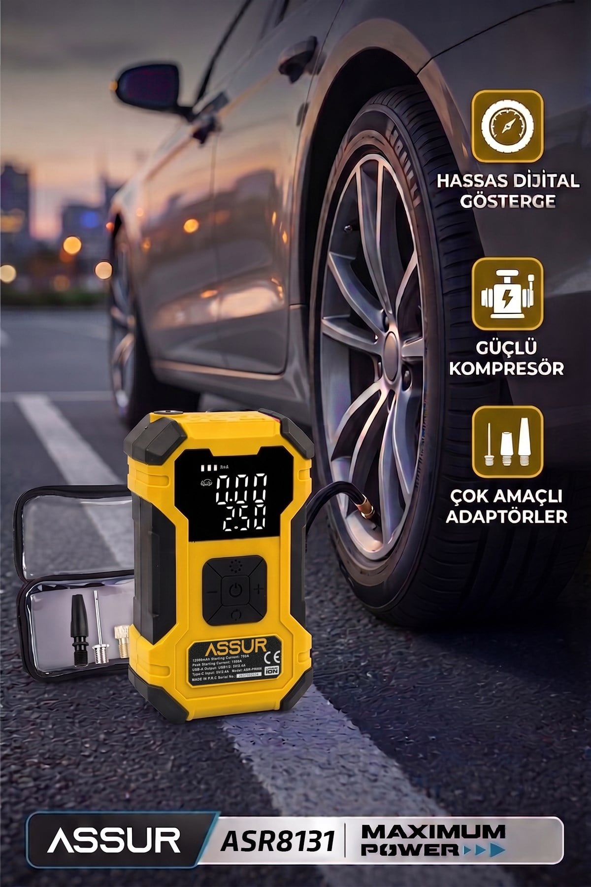 12.000 mAh Taşıma Çantalı Oto Kompresör| Hava Kompresörü | Powerbank | Led Işık |