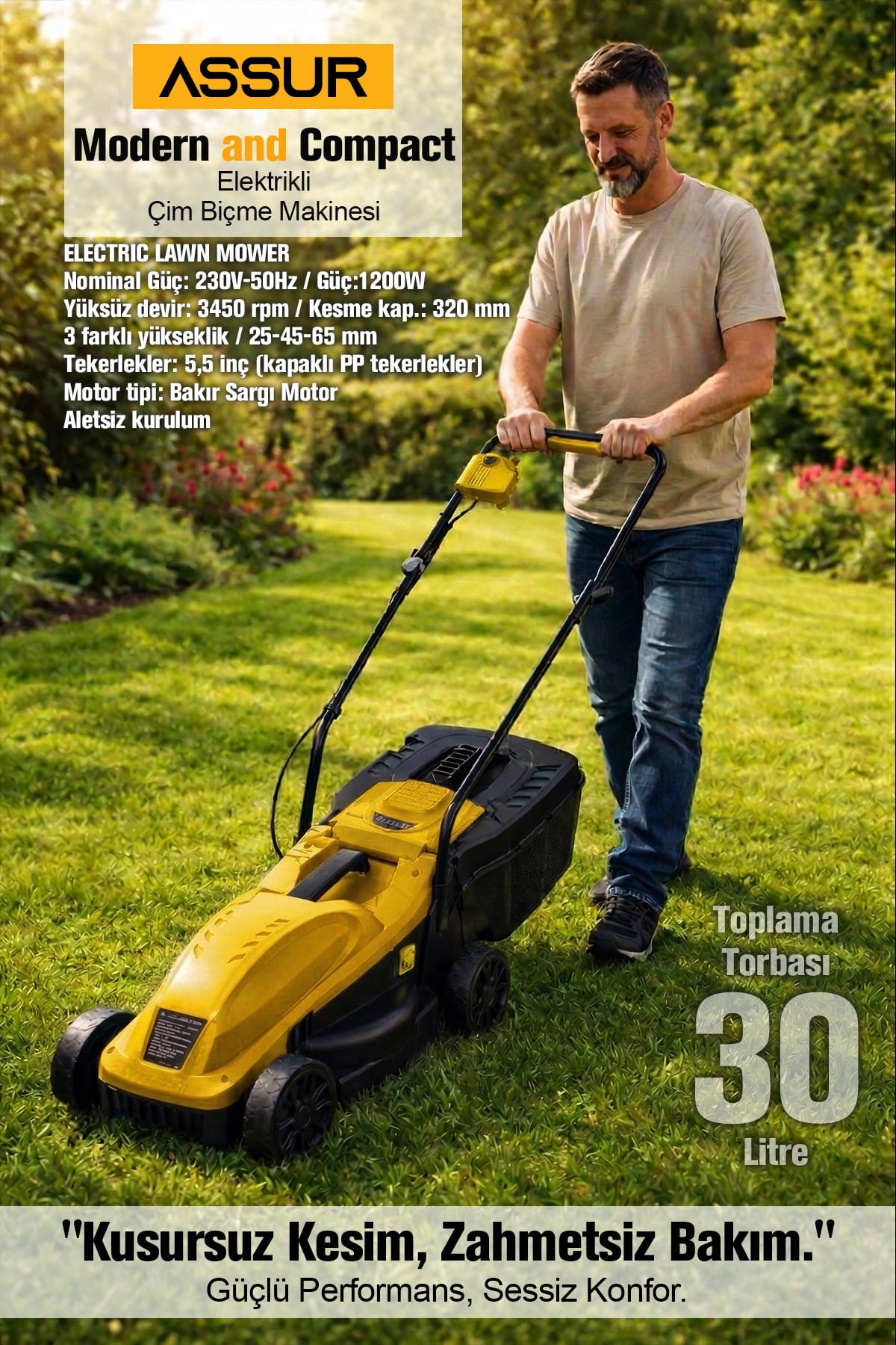 1200W 30L Toplama Torbalı Elektrikli Çim Biçme Makinesi