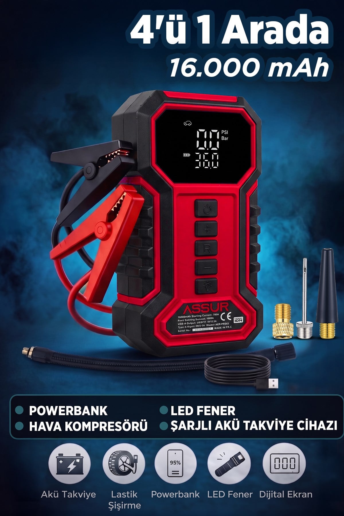 16.000 mAh Taşıma Çantalı Akü Takviye Cihazı | Hava Kompresörü | Powerbank | Led Işık |