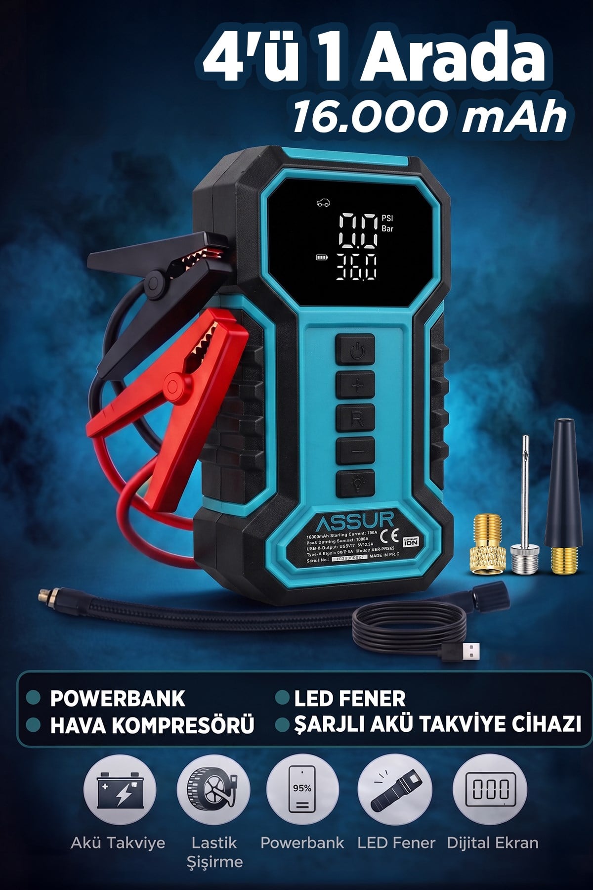16.000 mAh Taşıma Çantalı Akü Takviye Cihazı | Hava Kompresörü | Powerbank | Led Işık |