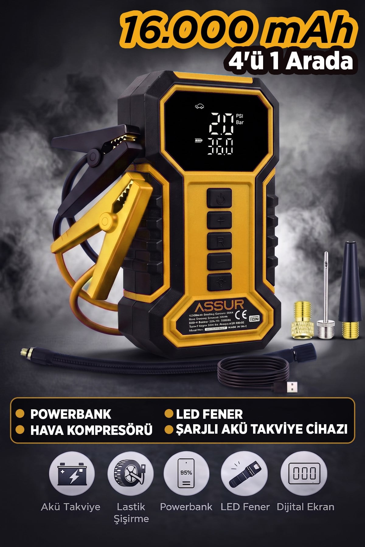 ASSUR 16000mAh Çantalı Akü Takviye Cihazı Hava Kompresörü Powerbank LED Işık