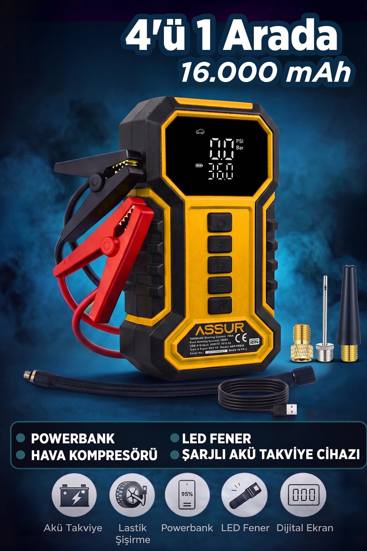 16.000 mAh Taşıma Çantalı Akü Takviye Cihazı | Hava Kompresörü | Powerbank | Led Işık |