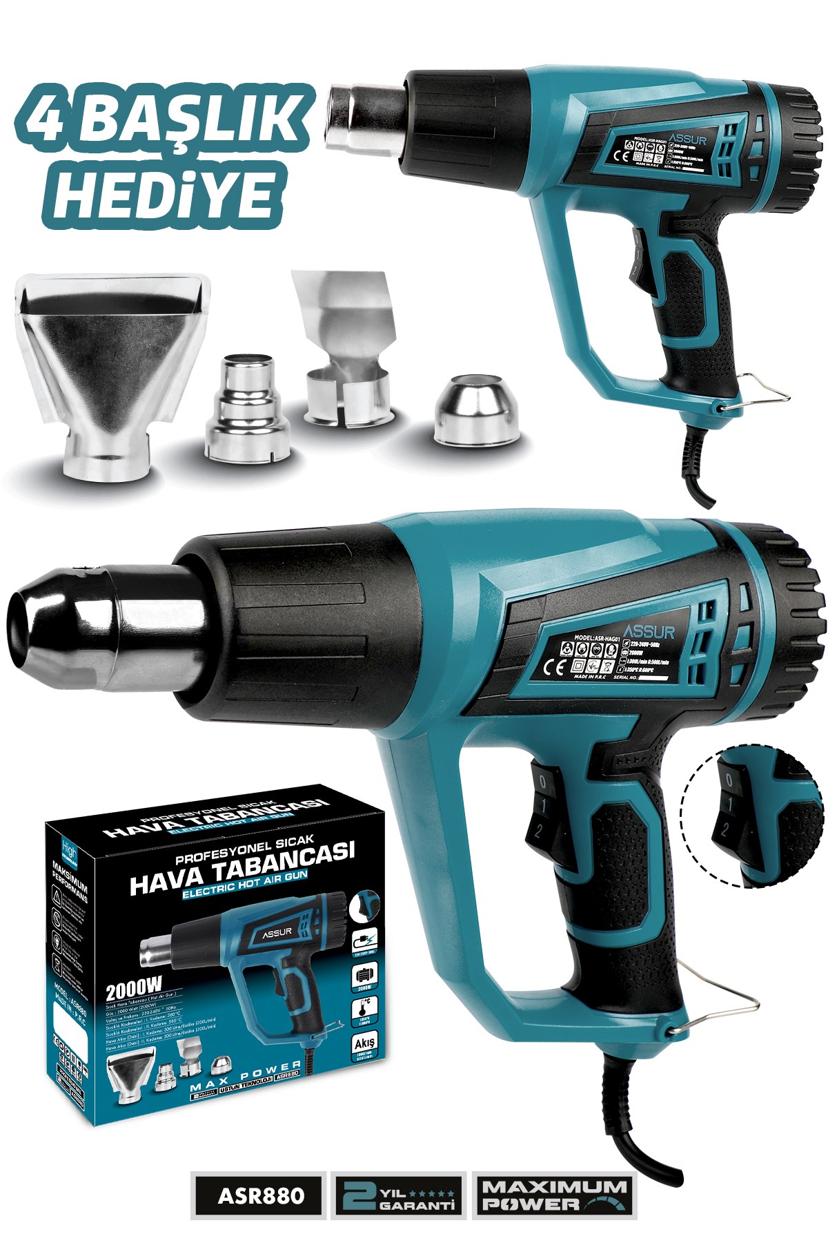 2000 Watt 2 Kademeli 4 Başlıklı Sıcak Hava Tabancası