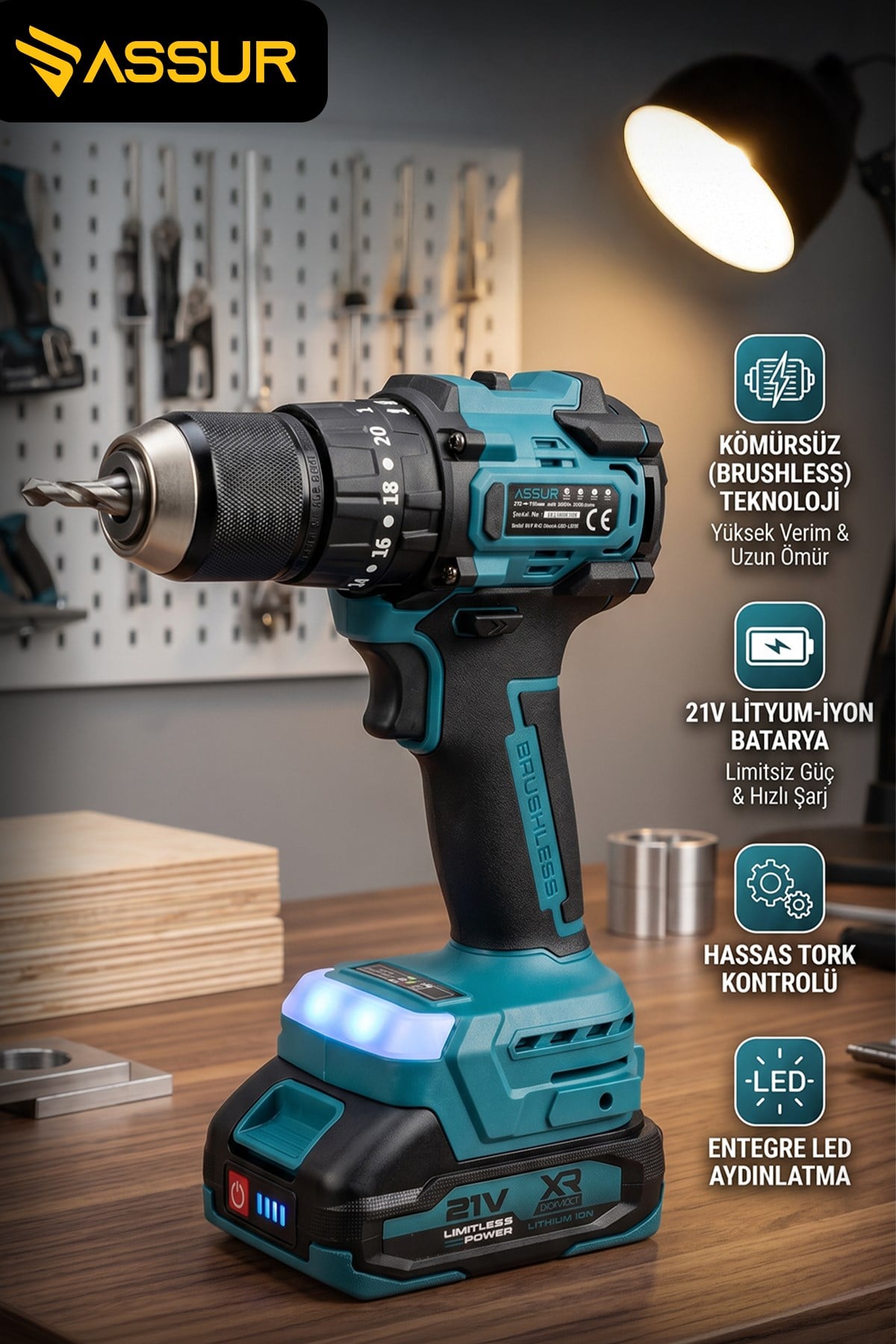 21V Çift Akülü Kömürsüz Motor 13mm Çelik Mandren Şarjlı Darbeli Matkap