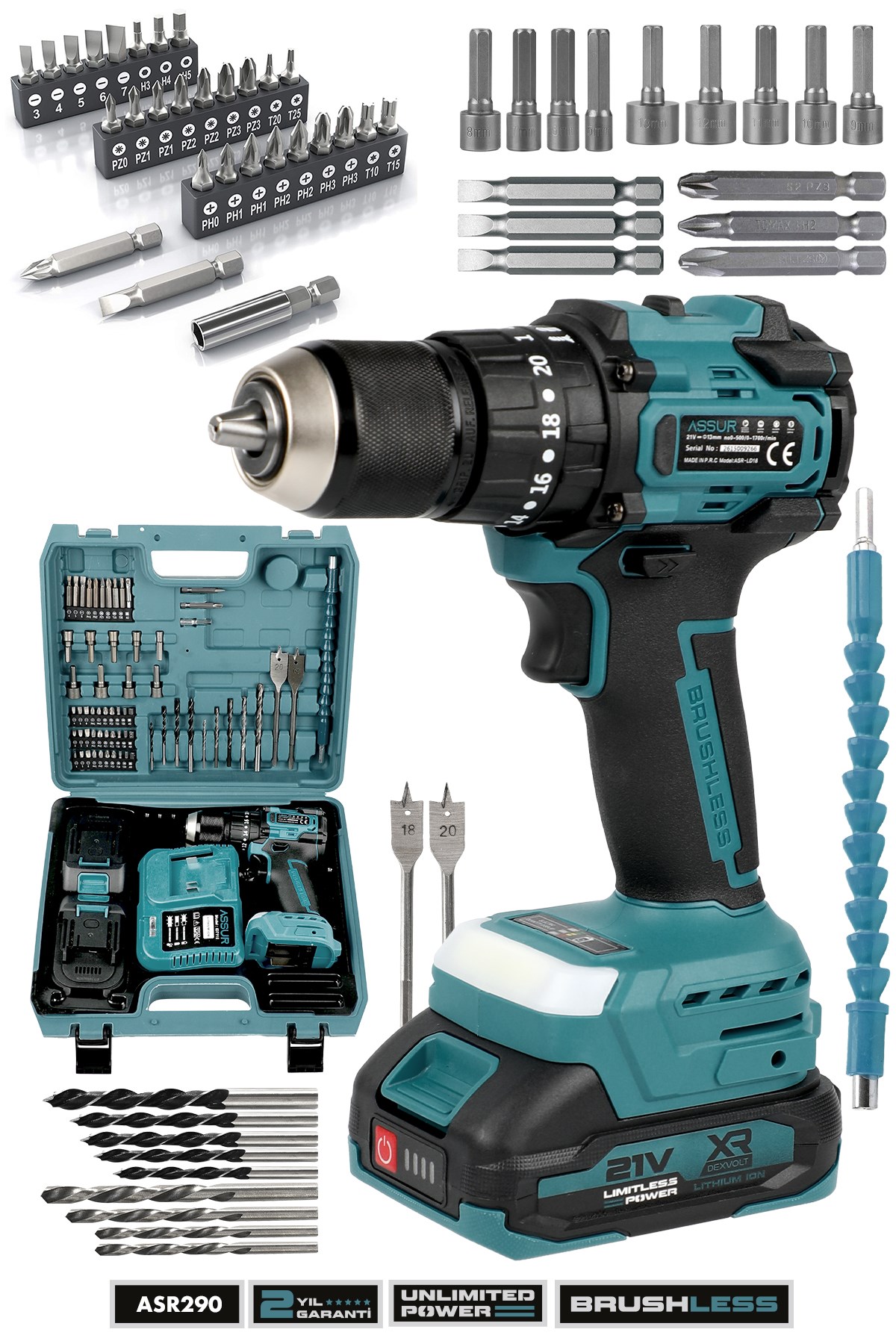 21V Çift Akülü Kömürsüz Motor 13mm Çelik Mandren Şarjlı Darbeli Matkap