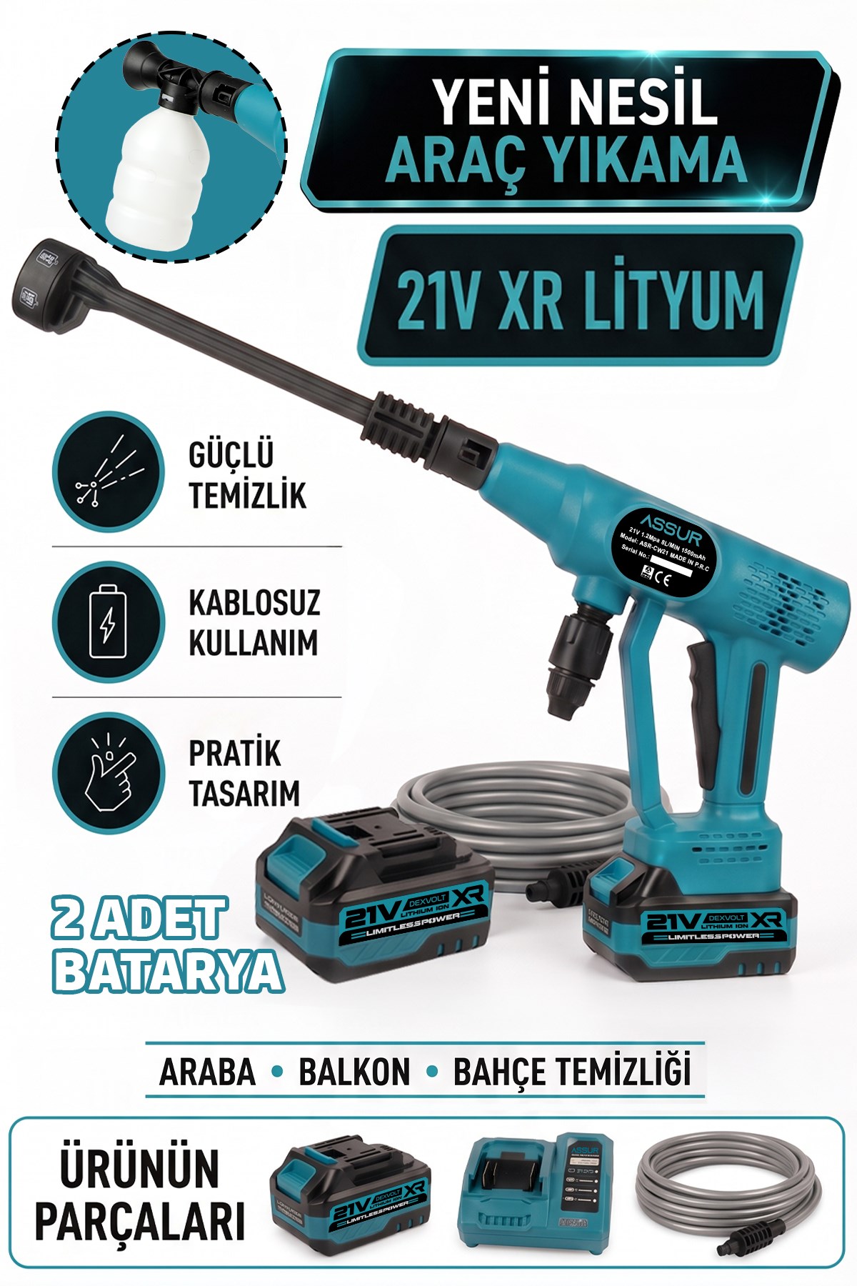 ASSUR 21V Çift Akülü 1500 mAh Yüksek Basınçlı Oto Yıkama Makinesi