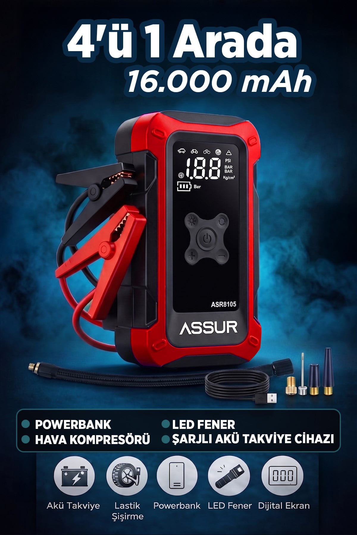 4'ü 1 Arada Dijital Göstergeli | Powerbank | Led Fener | Hava Kompresörü| Şarjlı Akü Takviye Cihazı