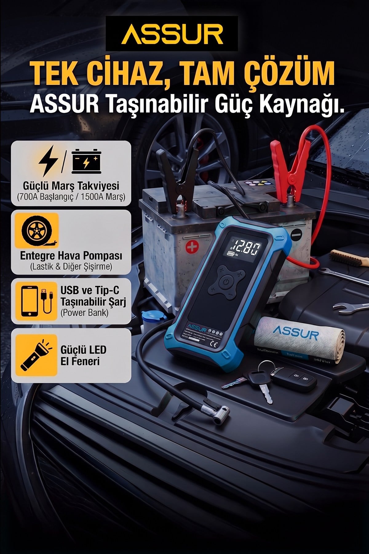 4ü 1 Arada Dijital Göstergeli | Powerbank | Led Fener | Hava Kompresörü| Şarjlı Akü Takviye Cihazı