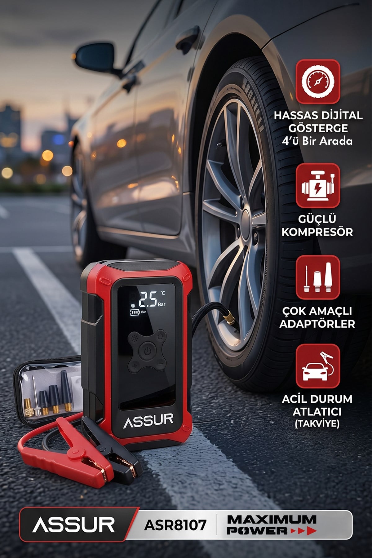 4ü 1 Arada Dijital Göstergeli | Powerbank | Led Fener | Hava Kompresörü| Şarjlı Akü Takviye Cihazı
