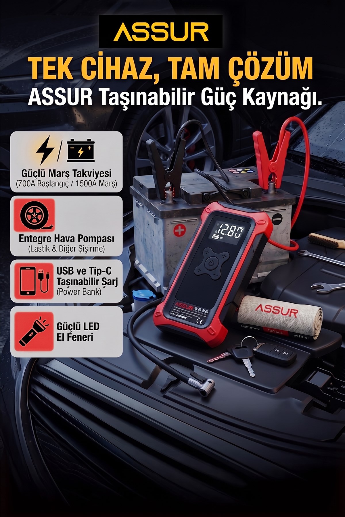 4ü 1 Arada Dijital Göstergeli | Powerbank | Led Fener | Hava Kompresörü| Şarjlı Akü Takviye Cihazı