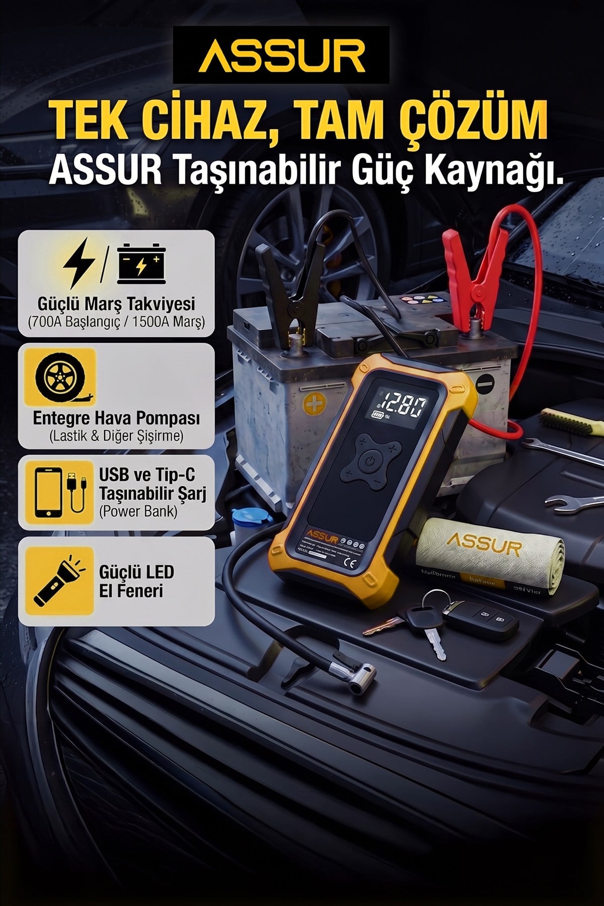 4ü 1 Arada Dijital Göstergeli | Powerbank | Led Fener | Hava Kompresörü| Şarjlı Akü Takviye Cihazı