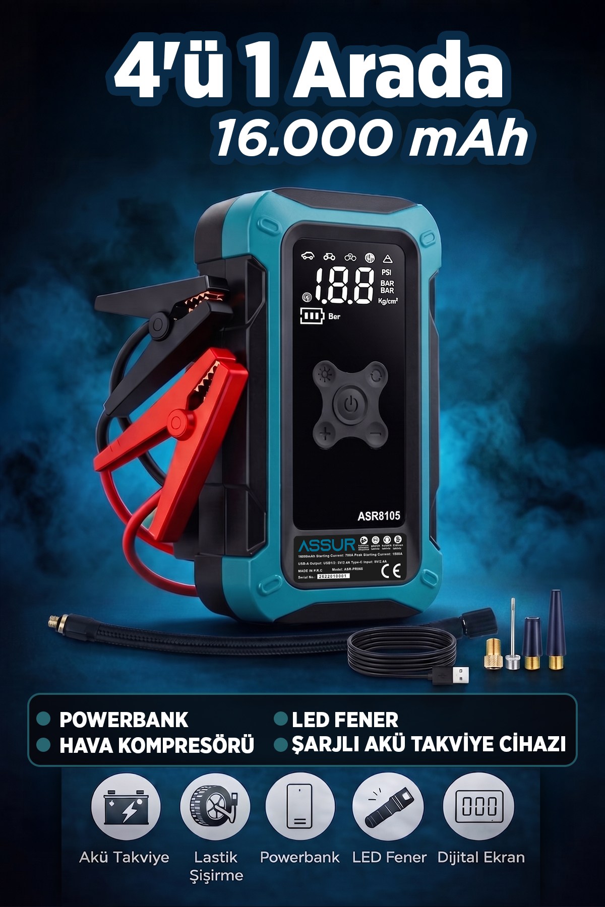 4ü 1 Arada Dijital Göstergeli | Powerbank | Led Fener | Hava Kompresörü| Şarjlı Akü Takviye Cihazı