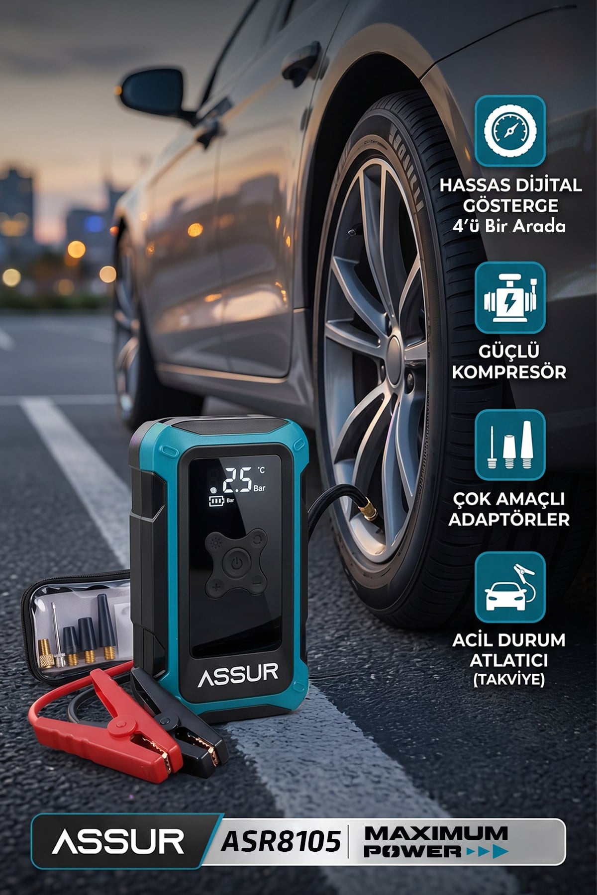 4ü 1 Arada Dijital Göstergeli | Powerbank | Led Fener | Hava Kompresörü| Şarjlı Akü Takviye Cihazı
