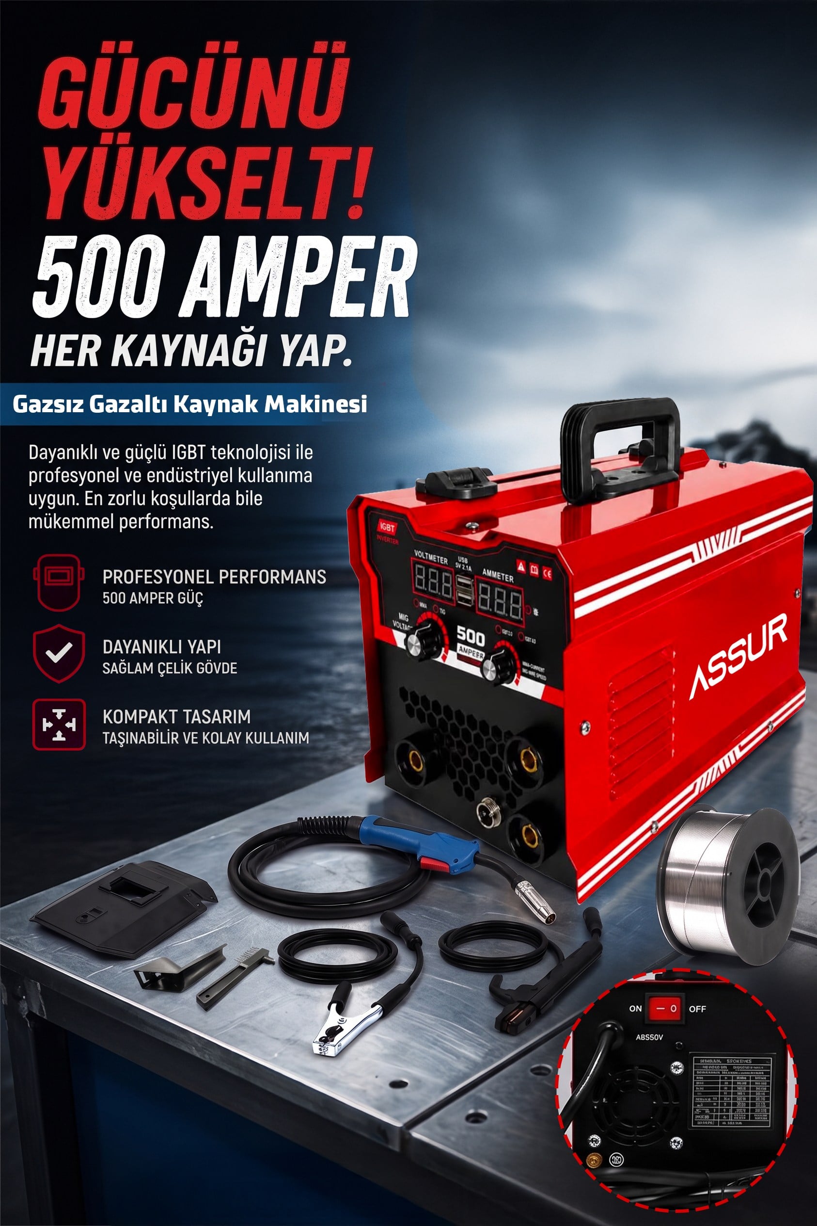 500 Amper 3ü 1 Arada Gazsız Gazaltı MIG/MMA/TIG Lift İnverter Kaynak Makinesi 220V Dijital Ekranlı