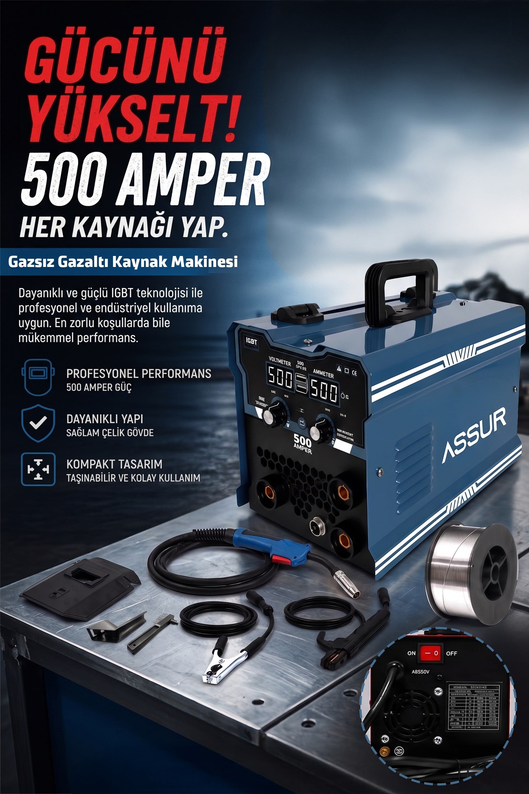 500 Amper 3ü 1 Arada Gazsız Gazaltı MIG/MMA/TIG Lift İnverter Kaynak Makinesi 220V Dijital Ekranlı