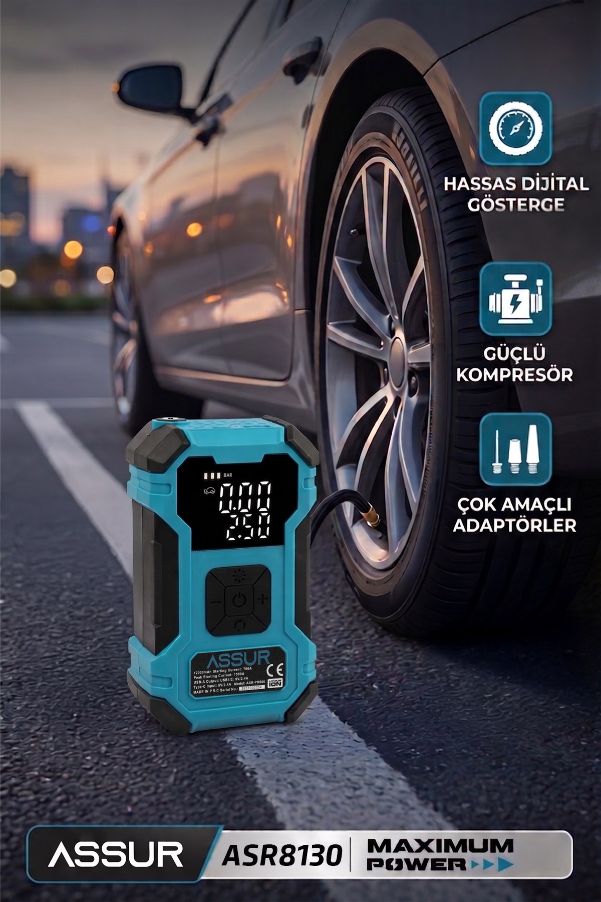 ASSUR 12000mAh Oto Kompresör Powerbank LED Işık