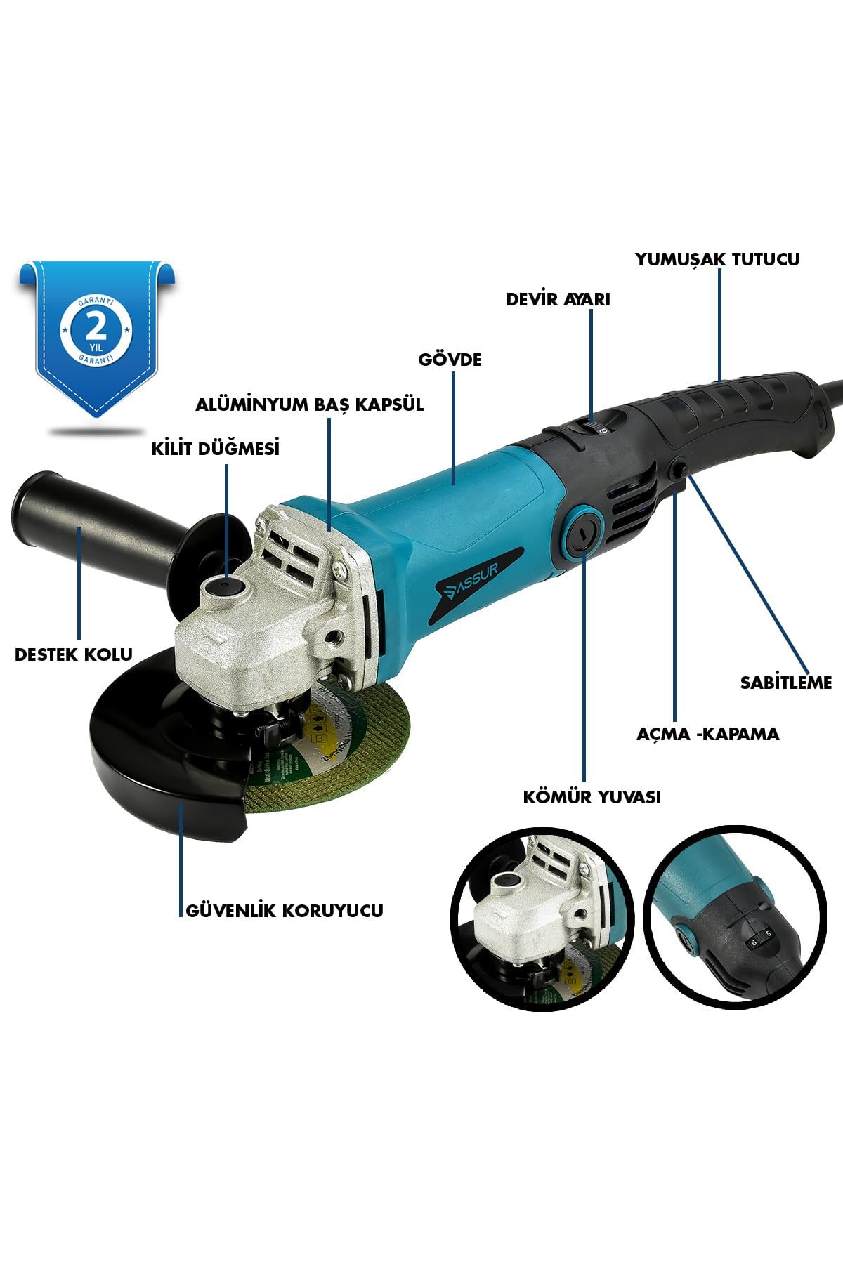 Assur 1200W Avuç Taşlama Makinesi 125mm 6 Kademeli Uzun Kuyruk