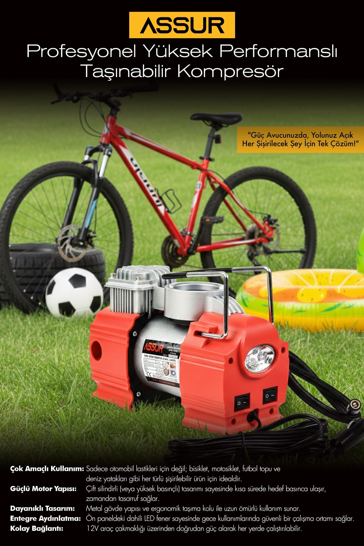 Assur 12v Çakmaklık Girişli 150 psi Mini Hava Kompresörü