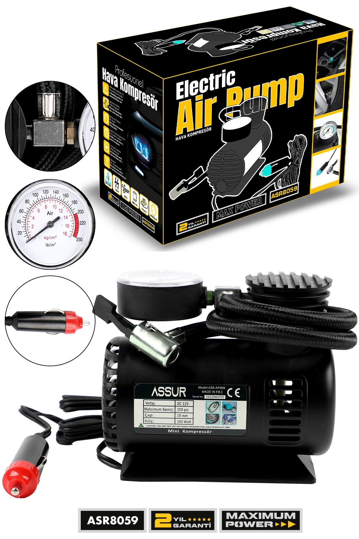 Assur 12v Çakmaklık Girişli 250 psi Mini Hava Kompresörü