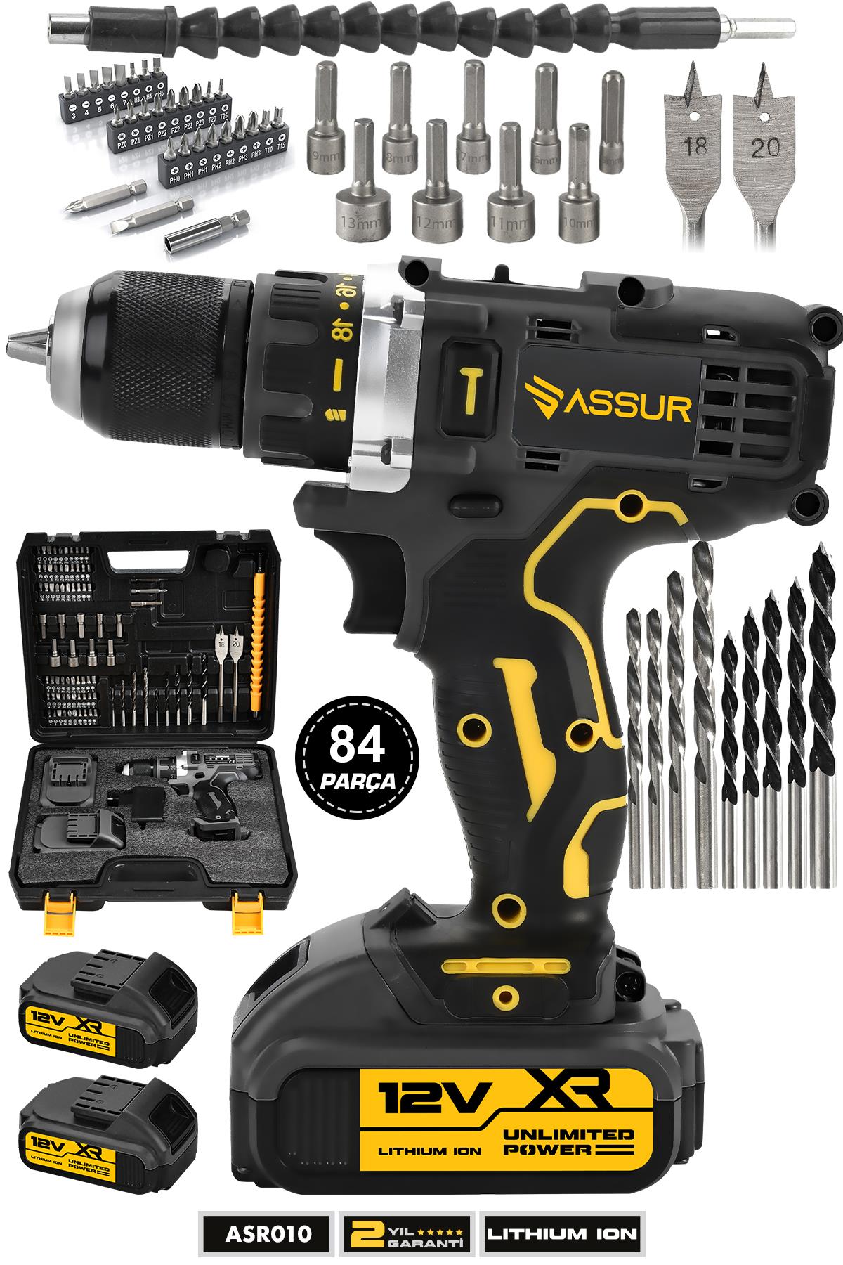 Assur 12V Çift Akülü Vidalama Metal Şanzıman Bakır Sargılı Şarjlı Matkap