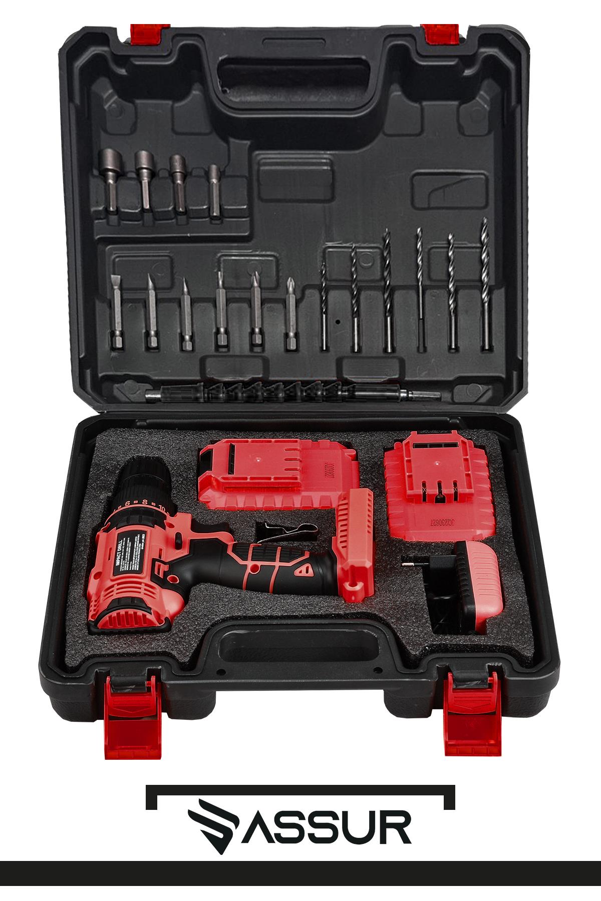ASSUR 12V 10mm Mandren 20 Nm Tork Metal Şanzıman Çift Akülü Bakır Sargı Akülü Vidalama Matkap