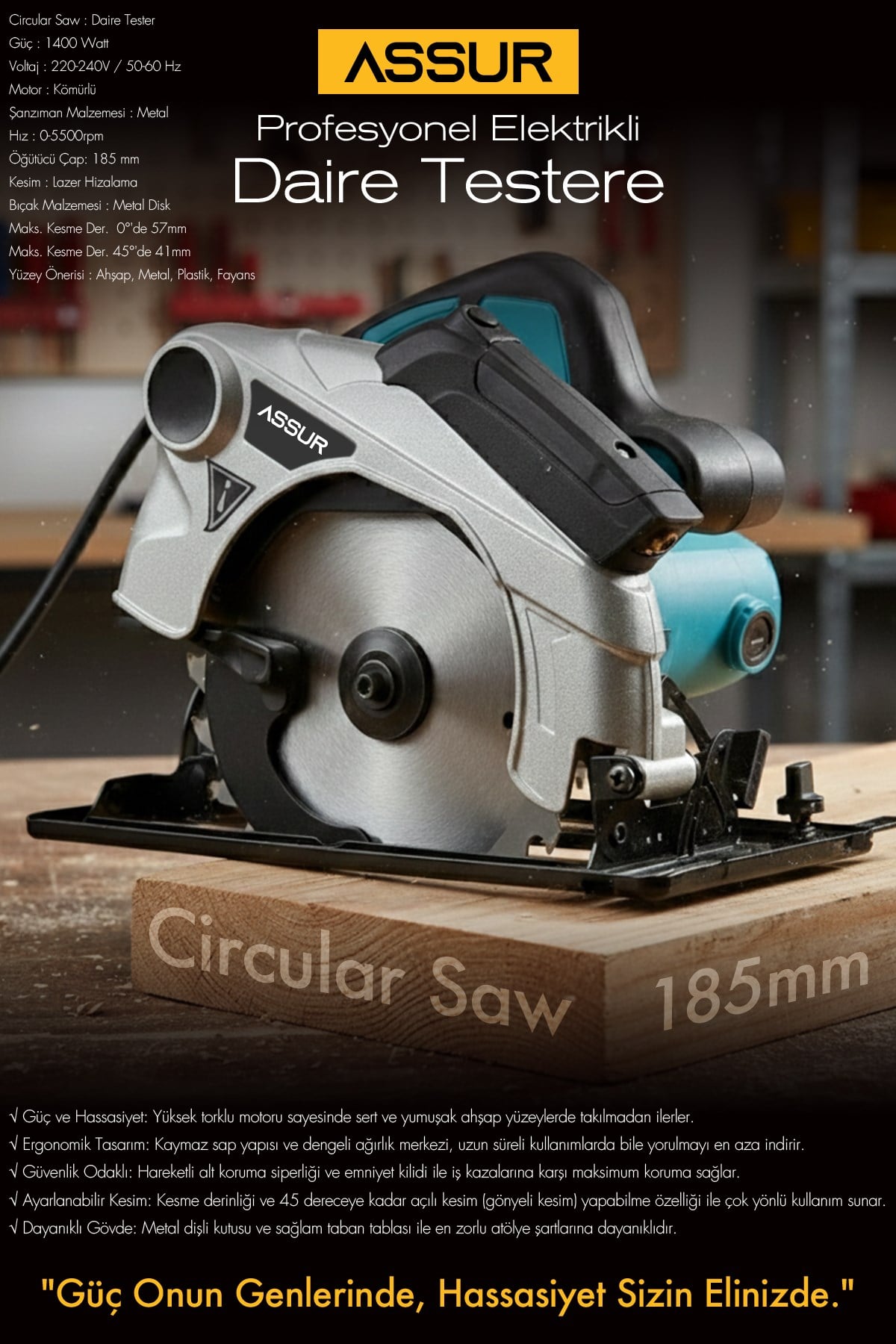 Assur 1400W Elektrikli Sunta Kesme 185 Mm Daire Testere