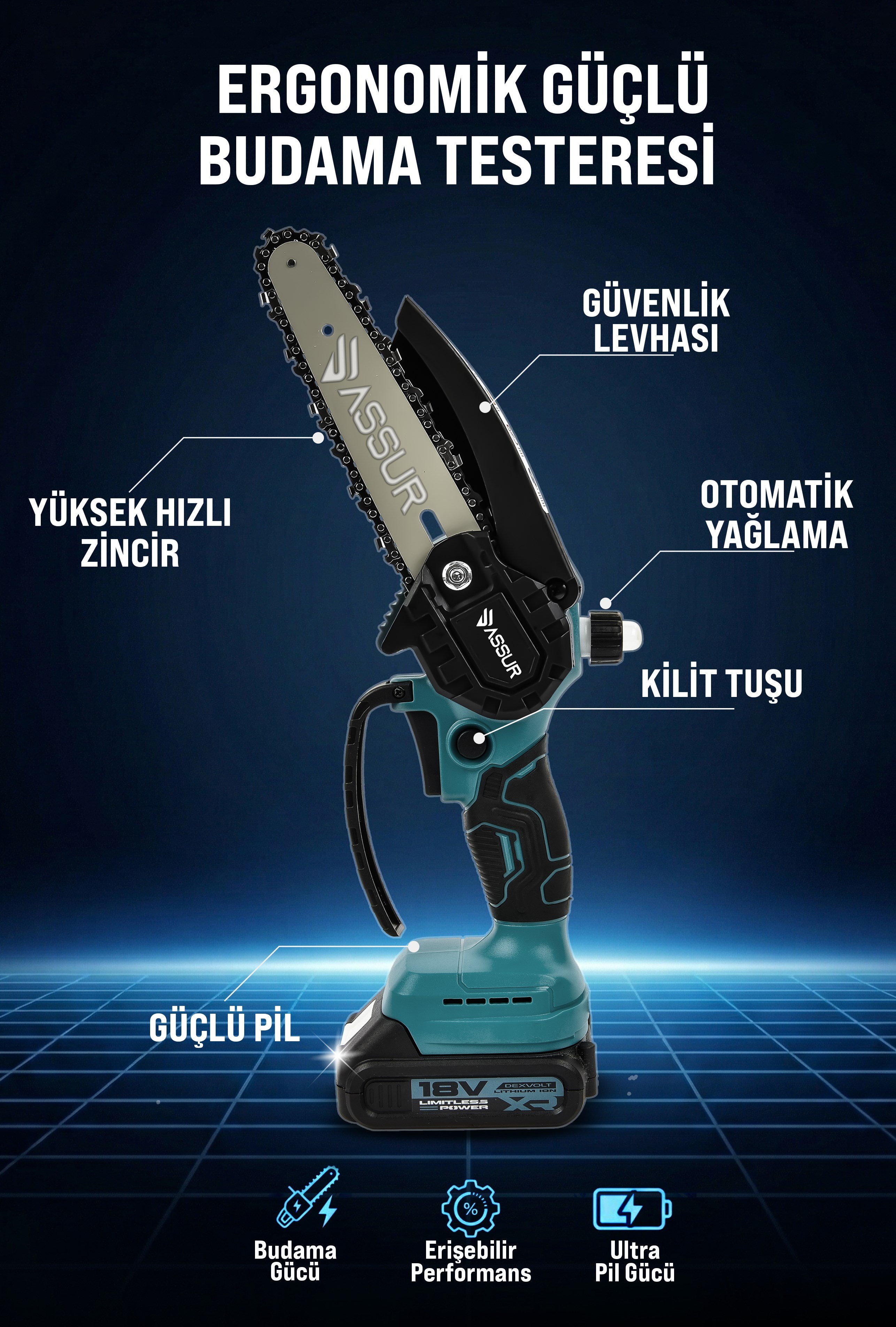 ASSUR 18V 15cm Pala Boyu Çift Akülü Ağaç Dal Kesme Budama Testeresi Ve Teleskopik Kollu