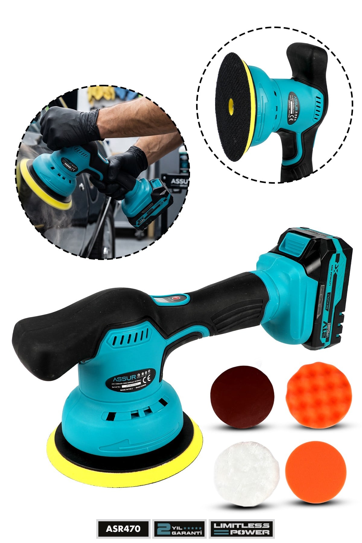 ASSUR 21V 150 mm Çift Akülü 8 Kademeli Orbital Polisaj Makinesi – Oto Pasta Cila ve Zımpara Makinesi