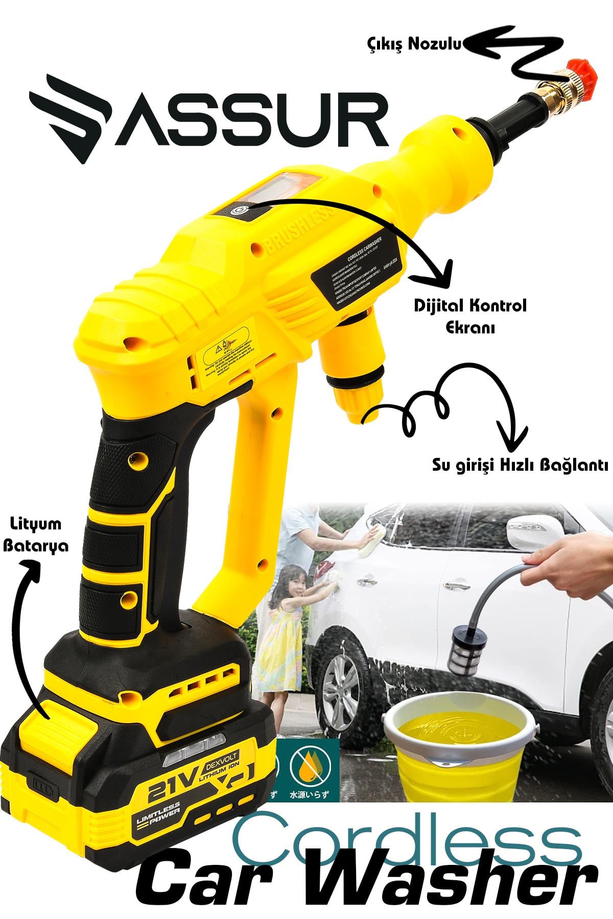 Assur 21V 2 BATARYA Kömürsüz Motor Dijital Ekranlı Yüksek Basınçlı Akülü Şarjlı Oto Araba Yıkama Makinesi