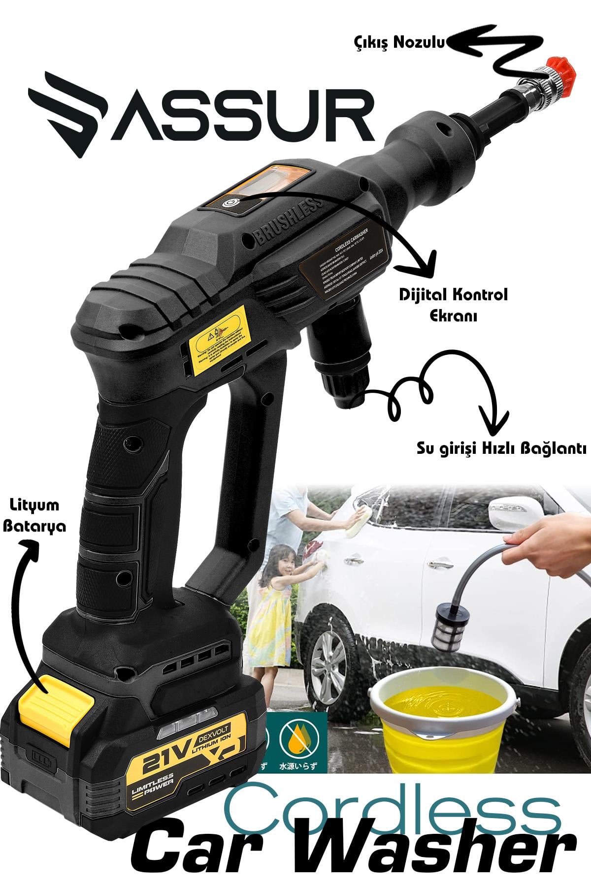 Assur 21V 2 BATARYA Kömürsüz Motor Dijital Ekranlı Yüksek Basınçlı Akülü Şarjlı Oto Araba Yıkama Makinesi