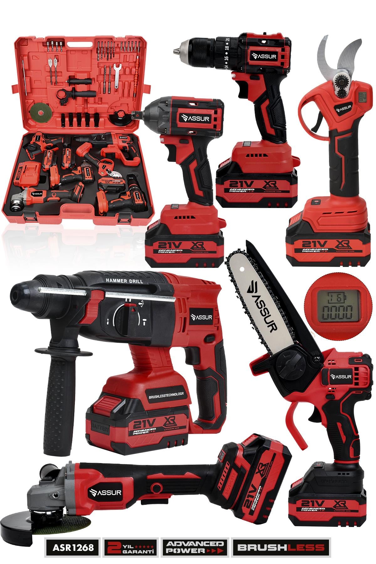 ASSUR 21V 6'lı Set Kırıcı/Delici Hilti, Taşlama, Somun Sıkma, Matkap, Budama Makası ve Testeresi